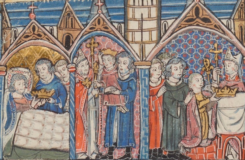 Public crown-wearing ceremony at the Church of the Holy Sepulchre to reaffirm Baldwin V legitimacy, 1185, spring (Bibliothèque nationale de France, Département des manuscrits, Français 2824 f.162v, 14th cent.)